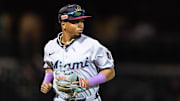 Nov 9, 2025; Mesa, AZ, USA; Miami Marlins infielder Starlyn Caba during the Arizona Fall League Fall Stars Game at Sloan Park. 