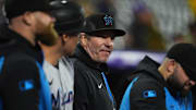 Sep 17, 2025; Denver, Colorado, USA; Miami Marlins manager Clayton McCullough (86) during first inning against the Colorado Rockies at Coors Field. Mandatory Credit: Ron Chenoy-Imagn Images