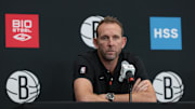 Sep 26, 2022; Brooklyn, NY, USA; Brooklyn Nets general manager Sean Marks talks to the media during media day at HSS Training Center. Mandatory Credit: Vincent Carchietta-Imagn Images