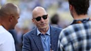 Oct 26, 2024; Los Angeles, California, USA; New York Yankees general manger Brian Cashman before game two of the 2024 MLB World Series at Dodger Stadium. Mandatory Credit: Kiyoshi Mio-Imagn Images