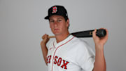 Feb 18, 2025; Lee County, FL, USA; Boston Red Sox outfielder Roman Anthony (48) participates in media day at JetBlue Park at Fenway South. Mandatory Credit: Nathan Ray Seebeck-Imagn Images