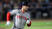 Sep 20, 2025; Tampa, Florida, USA; Boston Red Sox third baseman Alex Bregman (2) runs to first base after hitting an rbi single against the Tampa Bay Rays in the fifth inning at George M. Steinbrenner Field. Mandatory Credit: Nathan Ray Seebeck-Imagn Images