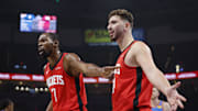 Oct 21, 2025; Oklahoma City, Oklahoma, USA; Houston Rockets forward Kevin Durant (7) and center Alperen Sengun (28) react after a play against the Oklahoma City Thunder during the first half at Paycom Center. Mandatory Credit: Alonzo Adams-Imagn Images