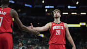 Nov 7, 2025; San Antonio, Texas, USA; Houston Rockets center Alperen Sengun (28) is congratulated by forward Kevin Durant (7) during the first quarter at Frost Bank Center. Mandatory Credit: Dustin Safranek-Imagn Images