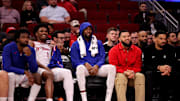 Nov 12, 2025; Houston, Texas, USA; (from L-to-R) Houston Rockets forward Tari Eason (17), guard Amen Thompson (1), forward Kevin Durant (7) and guard Fred VanVleet (5, red) on the bench against the Washington Wizards during the fourth quarter at Toyota Center. Mandatory Credit: Erik Williams-Imagn Images