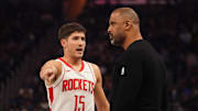 Nov 26, 2025; San Francisco, California, USA;  Houston Rockets guard Reed Sheppard (15) talks with Houston Rockets head coach Ime Udoka in the first quarter at Chase Center. Mandatory Credit: David Gonzales-Imagn Images