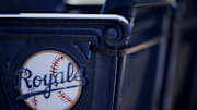Apr 1, 2021; Kansas City, Missouri, USA; A general view of the Kansas City Royals logo on seats with complimentary flags for fans before the Opening Day game against the Texas Rangers Kauffman Stadium. Mandatory Credit: Denny Medley-Imagn Images