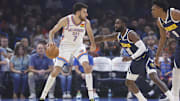 Oct 17, 2025; Oklahoma City, Oklahoma, USA; Oklahoma City Thunder center/forward Chet Holmgren (7) moves the ball as Denver Nuggets guard/forward Tim Hardaway Jr. (10) defends during the first quarter at Paycom Center. Mandatory Credit: Alonzo Adams-Imagn Images