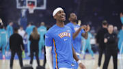 Oct 9, 2025; Oklahoma City, Oklahoma, USA; Oklahoma City Thunder guard Shai Gilgeous-Alexander smiles during warm ups before a game between the Charlotte Hornets and the Oklahoma City Thunder at Paycom Center. Mandatory Credit: Alonzo Adams-Imagn Images