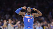 Oct 21, 2025; Oklahoma City, Oklahoma, USA; Oklahoma City Thunder guard Luguentz Dort reacts after a play against the Houston Rockets during the second half at Paycom Center. Mandatory Credit: Alonzo Adams-Imagn Images