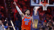 Nov 26, 2025; Oklahoma City, Oklahoma, USA; Oklahoma City Thunder guard Ajay Mitchell (25) gestures to his team during a play against the Minnesota Timberwolves during the second half at Paycom Center. Mandatory Credit: Alonzo Adams-Imagn Images