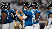 Jacksonville Jaguars quarterback John Wolford (18) calls a play during the fourth quarter of an NFL preseason matchup at EverBank Stadium, Saturday, Aug. 9, 2025 in Jacksonville, Fla. The Steelers defeated the Jaguars 31-25. [Corey Perrine/Florida Times-Union]
