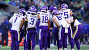 Nov 30, 2025; Seattle, Washington, USA; The Minnesota Vikings huddle up during the second half against the Seattle Seahawks at Lumen Field. Mandatory Credit: Kevin Ng-Imagn Images