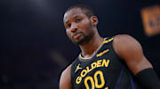 May 12, 2025; San Francisco, California, USA; Golden State Warriors forward Jonathan Kuminga (00) stands on the court before a play against the Minnesota Timberwolves in the second quarter during game four of the second round for the 2025 NBA Playoffs at Chase Center. Mandatory Credit: Cary Edmondson-Imagn Images
