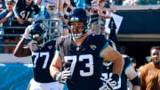 Jacksonville Jaguars guard Blake Hance (73) runs on the field before an NFL football matchup Sunday, Nov. 19, 2023 at EverBank Stadium in Jacksonville, Fla. The Jacksonville Jaguars defeated the Tennessee Titans 34-14. [Corey Perrine/Florida Times-Union]