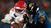 Kansas City Chiefs wide receiver Tyquan Thornton (80) is shoved out of bounds by Jacksonville Jaguars cornerback Tyson Campbell (3) during the second quarter of an NFL football matchup at EverBank Stadium, Monday, Oct. 6, 2025, in Jacksonville, Fla. [Corey Perrine/Florida Times-Union]