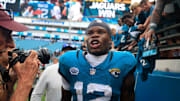 Jacksonville Jaguars wide receiver Travis Hunter (12) walks off the field after the game of an NFL football matchup at EverBank Stadium, Sunday, Sept. 7, 2025 in Jacksonville, Fla. The Jaguars defeated the Panthers 26-10. [Corey Perrine/Florida Times-Union]