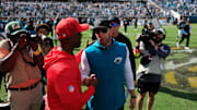 Jacksonville Jaguars head coach Liam Coen greets Houston Texans head coach DeMeco Ryans after the game of an NFL football matchup at EverBank Stadium, Sunday, Sept. 21, 2025, in Jacksonville, Fla. The Jaguars defeated the Texans 17-10.