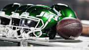 Aug 17, 2024; Charlotte, North Carolina, USA;  New York Jets helmets during the second half against the Carolina Panthers at Bank of America Stadium. Mandatory Credit: Jim Dedmon-Imagn Images