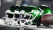 Aug 17, 2024; Charlotte, North Carolina, USA; New York Jets helmets during the second half against the Carolina Panthers at Bank of America Stadium. Mandatory Credit: Jim Dedmon-Imagn Images