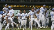 May 31, 2024; Chapel Hill, NC, USA; North Carolina celebrates the ninth inning win over LIU during the NCAA regional in Chapel Hill, NC. Mandatory Credit: Jim Dedmon-USA TODAY Sports