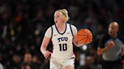 Dec 8, 2024; Fort Worth, Texas, USA; TCU Horned Frogs guard Hailey Van Lith (10) dribbles the ball upcourt against the South Carolina Gamecocks during the second half at Dickies Arena. Mandatory Credit: Chris Jones-Imagn Images