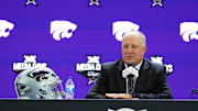 Jul 8, 2025; Frisco, TX, USA; Kansas State head coach Chris Klieman addresses the media during 2025 Big 12 Football Media Days at The Star. Mandatory Credit: Raymond Carlin III-Imagn Images