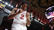 Feb 12, 2025; Piscataway, New Jersey, USA; Rutgers Scarlet Knights guard Dylan Harper (2) reacts after a basket during the second half against the Iowa Hawkeyes at Jersey Mike's Arena. Mandatory Credit: Vincent Carchietta-Imagn Images