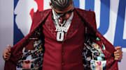 Jun 25, 2025; Brooklyn, NY, USA; Jeremiah Fears arrives before the first round of the 2025 NBA Draft at Barclays Center.