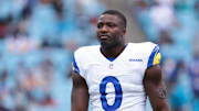 Nov 30, 2025; Charlotte, North Carolina, USA; Los Angeles Rams linebacker Byron Young (0) looks on before the game against the Carolina Panthers at Bank of America Stadium. Mandatory Credit: Scott Kinser-Imagn Images