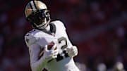 Aug 18, 2024; Santa Clara, California, USA; New Orleans Saints wide receiver Chris Olave (12) runs with the ball before the start of the game against the San Francisco 49ers at Levi's Stadium. Mandatory Credit: Cary Edmondson-Imagn Images