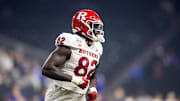 Dec 26, 2024; Phoenix, AZ, USA; Rutgers Scarlet Knights defensive lineman Jordan Walker (82) against the Kansas State Wildcats during the Rate Bowl at Chase Field. Mandatory Credit: Mark J. Rebilas-Imagn Images