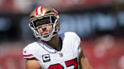Sep 21, 2025; Santa Clara, California, USA; San Francisco 49ers defensive end Nick Bosa (97) on the field during warm ups prior to a game against the Arizona Cardinals during the first half at Levi's Stadium. Mandatory Credit: Cary Edmondson-Imagn Images
