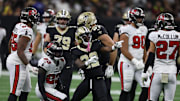 Oct 26, 2025; New Orleans, Louisiana, USA; New Orleans Saints wide receiver Rashid Shaheed (22) reacts after a gain during the first quarter against the Tampa Bay Buccaneers at Caesars Superdome. Mandatory Credit: Stephen Lew-Imagn Images