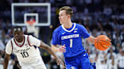 Steven Ashworth dribbles against Hassan Diarra during Creighton's 68–63 win over No. 14 UConn on Jan. 18, 2025.
