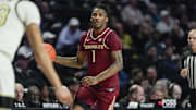 Feb 12, 2025; Winston-Salem, North Carolina, USA;  Florida State Seminoles guard Jamir Watkins (1) brings the ball up court against the Wake Forest Demon Deacons during the second half at Lawrence Joel Veterans Memorial Coliseum. Mandatory Credit: Jim Dedmon-Imagn Images