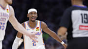 Oklahoma City Thunder guard Shai Gilgeous-Alexander (2) reacts after an officials call against the Minnesota Timberwolves.