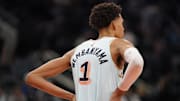 Jan 4, 2025; San Antonio, Texas, USA; San Antonio Spurs center Victor Wembanyama (1) reacts after losing a game in overtime to the Denver Nuggets at Frost Bank Center. Mandatory Credit: Scott Wachter-Imagn Images