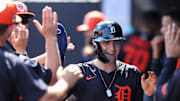 Feb 23, 2025; Tampa, Florida, USA; Detroit Tigers third base Jace Jung (17) celebrates after scoring a run against the New York Yankees in the fourth inning during spring training at George M. Steinbrenner Field. Mandatory Credit: Nathan Ray Seebeck-Imagn Images