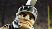 Oct 26, 2024; Ann Arbor, Michigan, USA;  Michigan State Spartans mascot Sparty on the sideline against the Michigan Wolverines at Michigan Stadium. Mandatory Credit: Rick Osentoski-Imagn Images