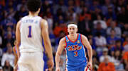Mar 8, 2025; Gainesville, Florida, USA; Mississippi Rebels guard Sean Pedulla (3) defends Florida Gators guard Walter Clayton Jr. (1) during the first half at Exactech Arena at the Stephen C. O'Connell Center. Mandatory Credit: Matt Pendleton-Imagn Images