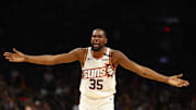 Oct 28, 2024; Phoenix, Arizona, USA; Phoenix Suns forward Kevin Durant (35) reacts to a play during the first half against the Los Angeles Lakers at Footprint Center. Mandatory Credit: Mark J. Rebilas-Imagn Images