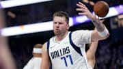 Nov 12, 2024; San Francisco, California, USA; Dallas Mavericks guard Luka Doncic (77) reacts after making a layup against the Golden State Warriors in the second quarter at the Chase Center. Mandatory Credit: Cary Edmondson-Imagn Images