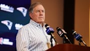 Jan 7, 2024; Foxborough, Massachusetts, USA; New England Patriots head coach Bill Belichick talks to reporters after the game against the New York Jets at Gillette Stadium. Mandatory Credit: David Butler II-Imagn Images