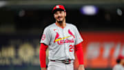 Sep 25, 2024; Denver, Colorado, USA; St. Louis Cardinals third base Nolan Arenado (28) reacts in the third inning against the Colorado Rockies at Coors Field. Mandatory Credit: Ron Chenoy-Imagn Images
