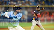 Aug 12, 2024; St. Petersburg, Florida, USA; (editors note: in camera double exposure) Houston Astros pitcher Framber Valdez (59) throws a pitch to Tampa Bay Rays third baseman Jose Caballero (7) in the sixth inning  at Tropicana Field. 