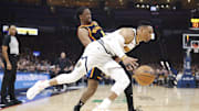 Denver Nuggets guard Russell Westbrook drives against Oklahoma City Thunder forward Jalen Williams in Game 1 of the teams' Western Conference semifinal series.