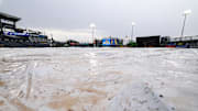 The tarp is seen on the field before a game between the Tampa Bay Rays and the Texas Rangers at George M. Steinbrenner Field on June 3.