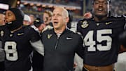 Vanderbilt coach Clark Lea celebrates their victory over Auburn after the game at FirstBank Stadium in Nashville, Tenn., Saturday, Nov. 8, 2025.
