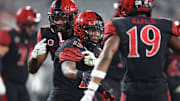 Oct 5, 2024; San Diego, California, USA; San Diego State Aztecs running back Marquez Cooper (15) celebrates after scoring a touchdown with San Diego State Aztecs wide reciever Nate Bennett (11) against the Hawaii Rainbow Warriors during the fourth quarter at Snapdragon Stadium. Mandatory Credit: Abe Arredondo-Imagn Images